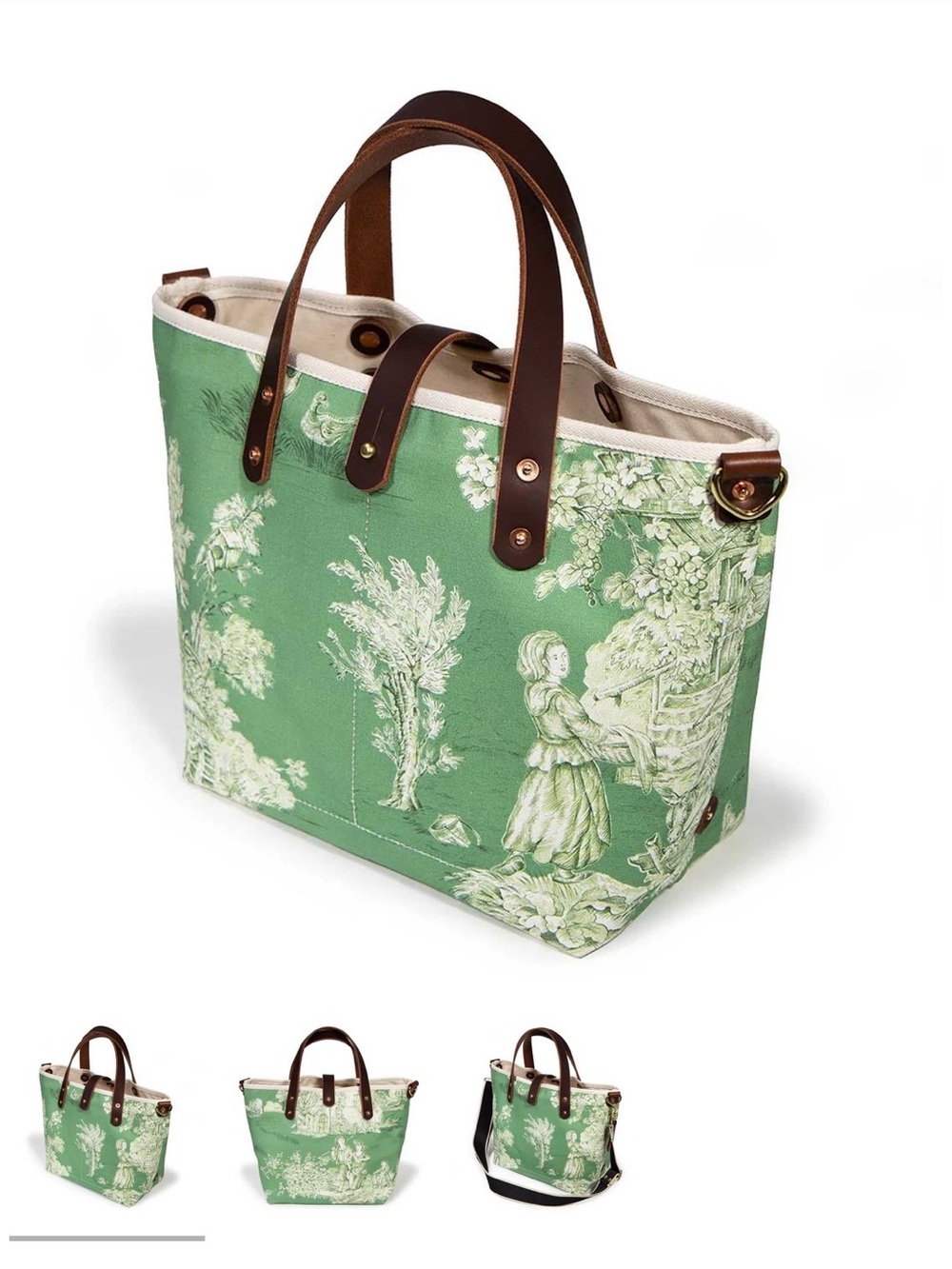 Green Toile Canvas Tote with Brown Leather Handles